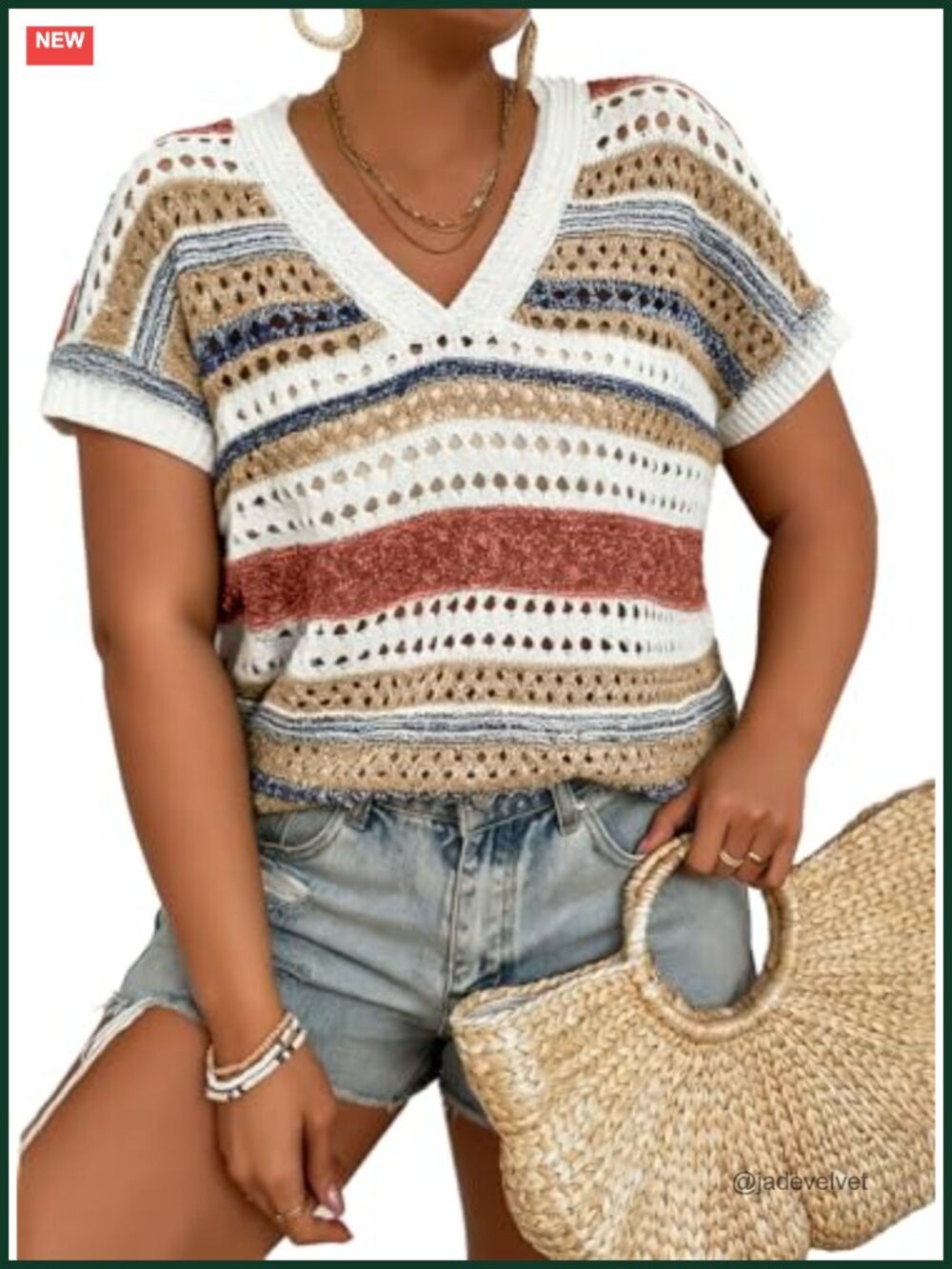Plus Size V-Neck Short Sleeve Striped Hollow Out Crochet Knit Sweater Top